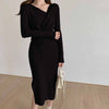 One-Piece Women V-Neck Drawstring Knit Dress Korean Elegant Long Sleeve Autumn Winter Woman Knitting Sweater Dresses Simple 2022