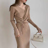 One-Piece Women V-Neck Drawstring Knit Dress Korean Elegant Long Sleeve Autumn Winter Woman Knitting Sweater Dresses Simple 2022