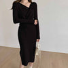One-Piece Women V-Neck Drawstring Knit Dress Korean Elegant Long Sleeve Autumn Winter Woman Knitting Sweater Dresses Simple 2022