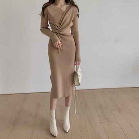 One-Piece Women V-Neck Drawstring Knit Dress Korean Elegant Long Sleeve Autumn Winter Woman Knitting Sweater Dresses Simple 2022