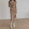 One-Piece Women V-Neck Drawstring Knit Dress Korean Elegant Long Sleeve Autumn Winter Woman Knitting Sweater Dresses Simple 2022