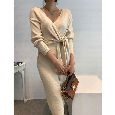 One-Piece Women Vintage Elegant Autumn Cross Bandage Knitted Dress Winter Korean  Long Sleeve Sweaters Midi Sundress
