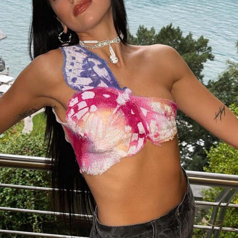 One Shoulder Vest Summer Y2K 2023 Butterfly Vest Female Girls Backless Strapless Colorful Printed Women Tops Camis Lady Ins