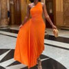 One-shoulder Dress Women Diagonal Collar Sleeveless Pleated Dress Sexy Hollow Out A-Line Long Dress Slim Party Dress