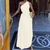 One-shoulder Dress Women Diagonal Collar Sleeveless Pleated Dress Sexy Hollow Out A-Line Long Dress Slim Party Dress