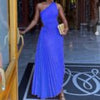 One-shoulder Dress Women Diagonal Collar Sleeveless Pleated Dress Sexy Hollow Out A-Line Long Dress Slim Party Dress