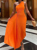 One-shoulder Dress Women Diagonal Collar Sleeveless Pleated Dress Sexy Hollow Out A-Line Long Dress Slim Party Dress