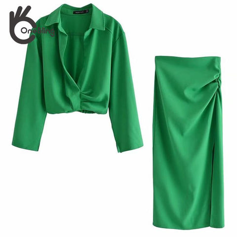 OneBling 2023 Green Summer Suits Wrist Sleeve Cropped Shirts and Midi Skirts Women Casual 2 Piece Sets Female Outfits