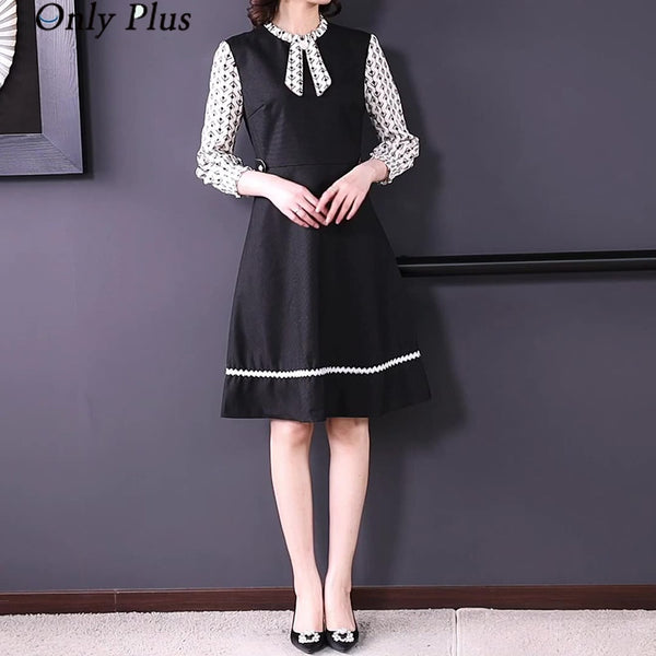 Only Plus Autumn Office Lady Slim Black Dress Women Mid-Length A-line Patchwork Print Dresses Lantern Sleeve Elegant Vestido