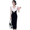 Only Plus Black And White Lace Patchwork Sheath Dresses Autum Women V-neck High Waist Slim Dresses Holiday Party Vestidos