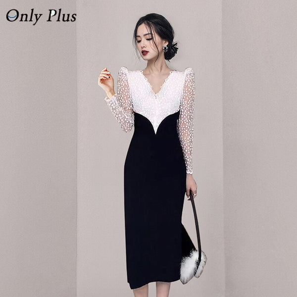 Only Plus Black And White Lace Patchwork Sheath Dresses Autum Women V-neck High Waist Slim Dresses Holiday Party Vestidos
