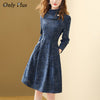 Only Plus Blue Plaid Woolen Slim Dress Winter Women Half-high Collar A-line Office Lady Dresses Elegant Casual Vestidos