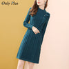 Only Plus Deep Green Patchwork Knitted Shirt Dress A-Line Stripe Hem Winter Office Lady Female 2022 Pearl Style Vestidos
