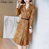 Only Plus Fishtail Plaid Print Dress Women Autumn  Long Ruffle Dresses With Belt Double Breasted Casual Office Lady Vestidos
