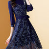 Only Plus Women's Embroidery Blue Chiffon Dress Autumn A-Line Bohemian Slim Lace Dresses Mid-length Belt Patchwork Vestidos