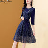 Only Plus Women's Embroidery Blue Chiffon Dress Autumn A-Line Bohemian Slim Lace Dresses Mid-length Belt Patchwork Vestidos
