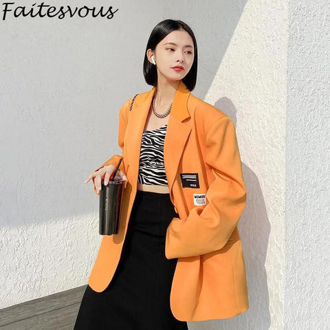 Orange Oversize Blazer Women 2022 Autumn Loose Wide Shoulder Suit Coats Casual Black Label Blazers Female