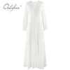Ordifree 2023 Boho Women Maxi Party Dress Single Breasted Sexy White Lace Cotton Tunic Long Beach Dress Summer Vocation