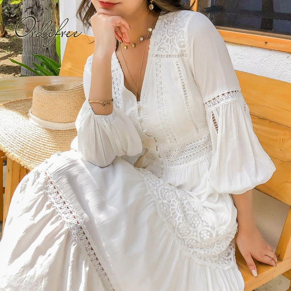 Ordifree 2023 Boho Women Maxi Party Dress Single Breasted Sexy White Lace Cotton Tunic Long Beach Dress Summer Vocation