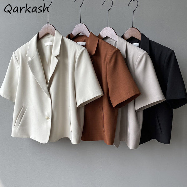 Oversize Blazers Women Solid Office Lady Chic Summer Single Breasted Casual Popular Crops Basic Ulzzang Notched Outwear