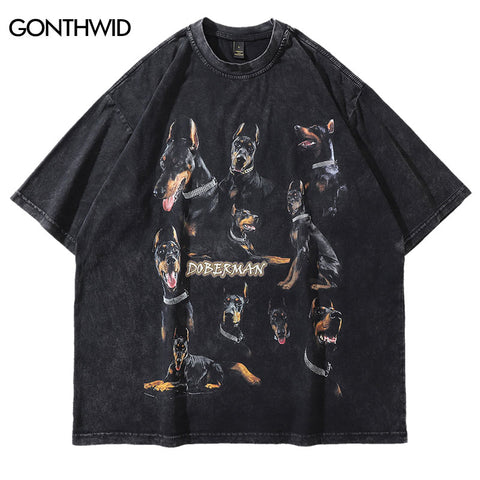 Oversize Distressed T Shirts Hip Hop Vintage Doberman Dog Print Punk Rock Gothic Tshirt Streetwear 2023 Harajuku Casual T-Shirt