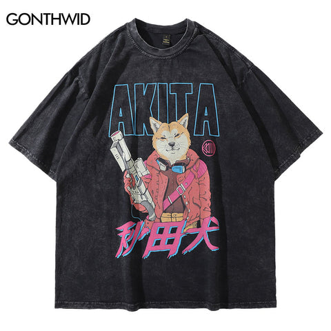 Oversize Distressed Tshirt Hip Hop Funny Cartoon Japanese Akita Dog Print Vintage Tee Shirts Streetwear 2023 Harajuku T-Shirt