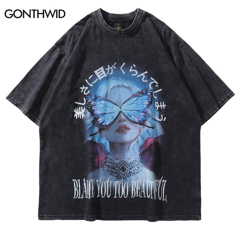 Oversize Men Tshirt Hip Hop Japanese Girl Butterfly Print Distressed Punk Gothic Tee Shirt Streetwear 2023 Summer Casual T-Shirt