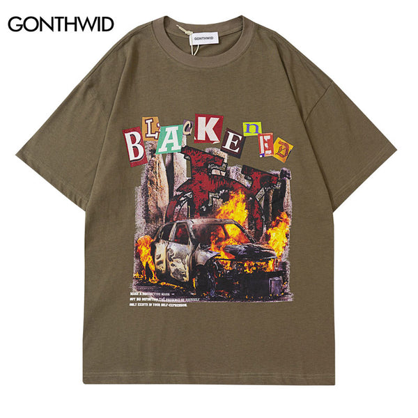 Oversize Streetwear T Shirt Hip Hop Fire Flame Car Print T-Shirt Harajuku Casual Loose Tshirt 2023 Summer Short Sleeve Tshirt