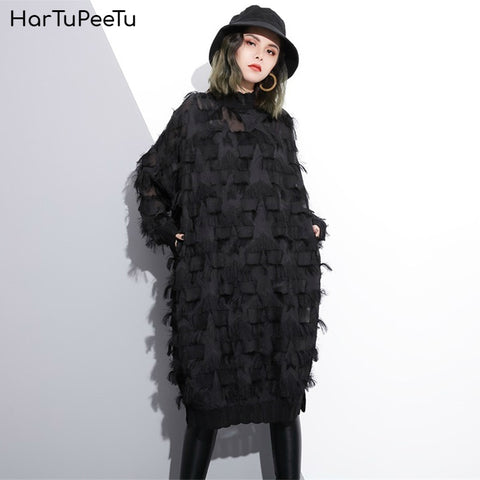 Oversize Summer Midi Dress 2023 Women Lace Tassel Dresses Long Sleeve Geometric Starts 1/2 Turtleneck Side Split Vestidos Mujer