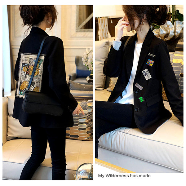 Oversized Korean Black Suit Blazers Outerwear Long Sleeve Women Thin Suit Coat 2023 Casual Label Print Blazers NZ121