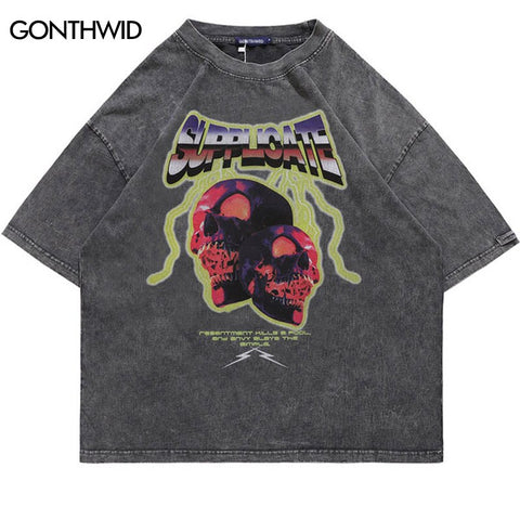 Oversized Punk T Shirt Distressed Streetwear Hip Hop Skull Skeleton Print Gothic Tshirt Harajuku Vintage Casual Short Sleeve Top
