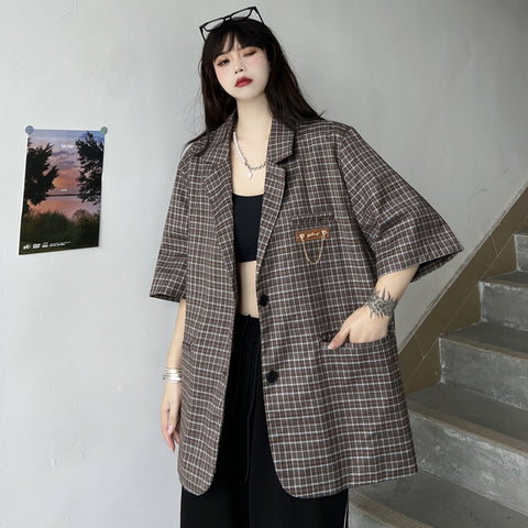 Oversized Short Sleeve Suit Blazers for Teenage Girls Korean Trends Vintage Streetwear Tops Womens Summer Casual Jackets