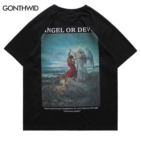 Oversized Streetwear T-Shirt Hip Hop Vintage Angel Painting Print Short Sleeve Tshirt Men Harajuku Casual Loose Cotton Shirts