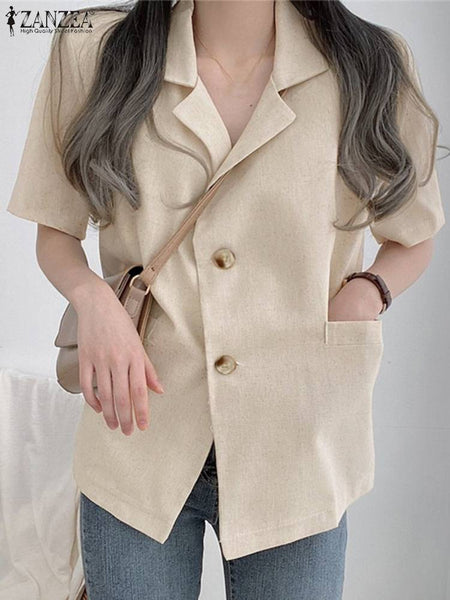 Oversized Summer Short Sleeve Blazer ZANZEA Women 2023 Office Lady Casual Solid Loose Button Up Tops Tunic Lapel  Neck Outwears