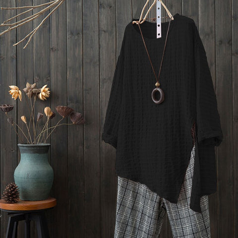 Oversized Vintage Summer Blouse Women Split Asymmetric Hem Shirt Half Sleeve Solid Casual Baggy Work Blusas Plus Size Top