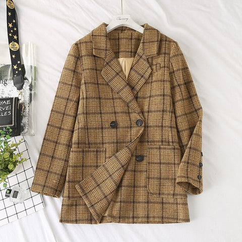 Oversized Women Fall British Retro Plaid Suit Loose Xl-5XL Female Office Blazers Large Double Breasted Vintage Coats