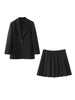 Oversized Women Sets Elegant Twill Solid Two Buttons Shoulder Pad Blazer High Waist Pleated Skirts Black