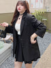 Oversized Women Sets Elegant Twill Solid Two Buttons Shoulder Pad Blazer High Waist Pleated Skirts Black