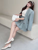 Oversized Women Sets Elegant Twill Solid Two Buttons Shoulder Pad Blazer High Waist Pleated Skirts Black