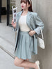 Oversized Women Sets Elegant Twill Solid Two Buttons Shoulder Pad Blazer High Waist Pleated Skirts Black