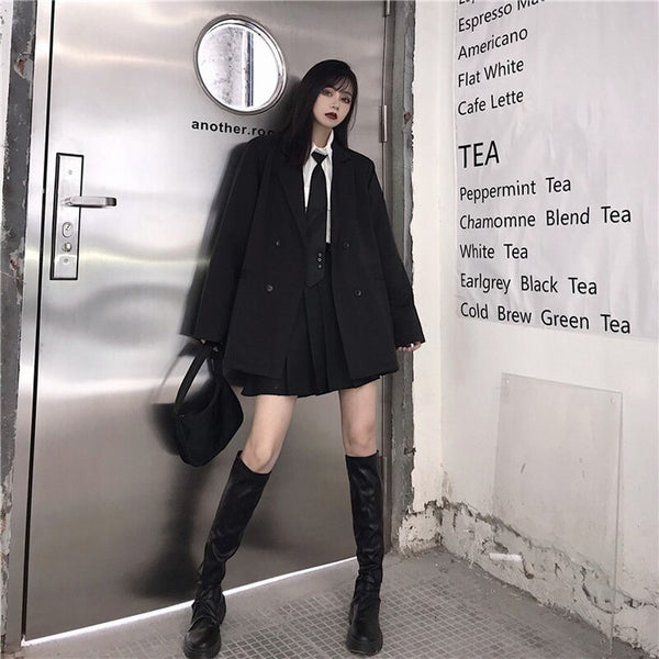 Overszied Black Blazer Jackets for Teenage Girls Trends Casual Clothing Womens Loose Fit Suit Tops Punk Style Streetwear