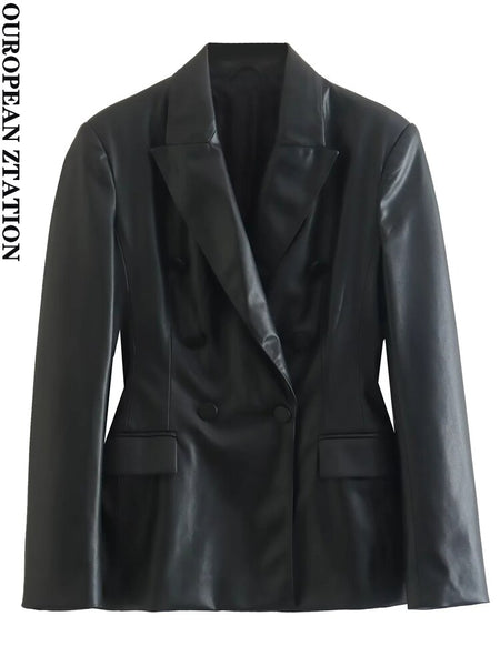 PAILETE Women 2023 faux leather double-breasted blazer coat vintage long sleeve pockets female outerwear chic tops