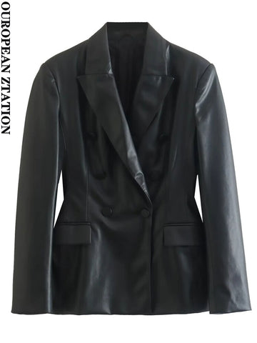PAILETE Women 2023 faux leather double-breasted blazer coat vintage long sleeve pockets female outerwear chic tops