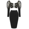 PB Chic Black Two Pieces Suit Polka Dot Puff Sleeves Lace-up Design Celebrity Party Club Bandage Crop Tops Knee Length Skirt Set