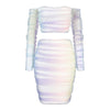 PB Chic Draped Ombre Voile Two Pieces Suit Long Sleeves Sexy Off Shoulder Celebrity Party Club Crop Tops Skirt Set