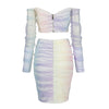 PB Chic Draped Ombre Voile Two Pieces Suit Long Sleeves Sexy Off Shoulder Celebrity Party Club Crop Tops Skirt Set