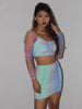 PB Chic Draped Ombre Voile Two Pieces Suit Long Sleeves Sexy Off Shoulder Celebrity Party Club Crop Tops Skirt Set