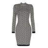 PB Chic Geometric Jacquard Mini Dress Long Sleeves Stand Collar Celebrity Party Club Bandage Vestido
