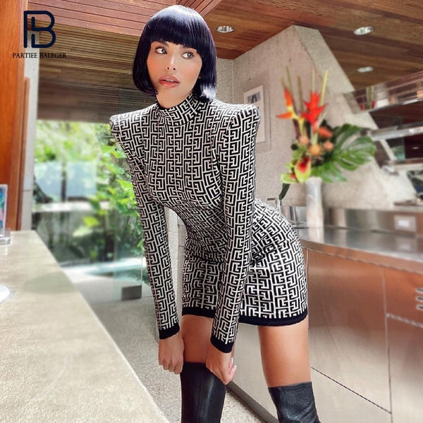 PB Chic Geometric Jacquard Mini Dress Long Sleeves Stand Collar Celebrity Party Club Bandage Vestido
