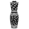 PB Chic Jacquard Two Pieces Suit Sexy Sleeveless Stand Collar Celebrity Party Club Bandage Crop Tops Skirt Suit